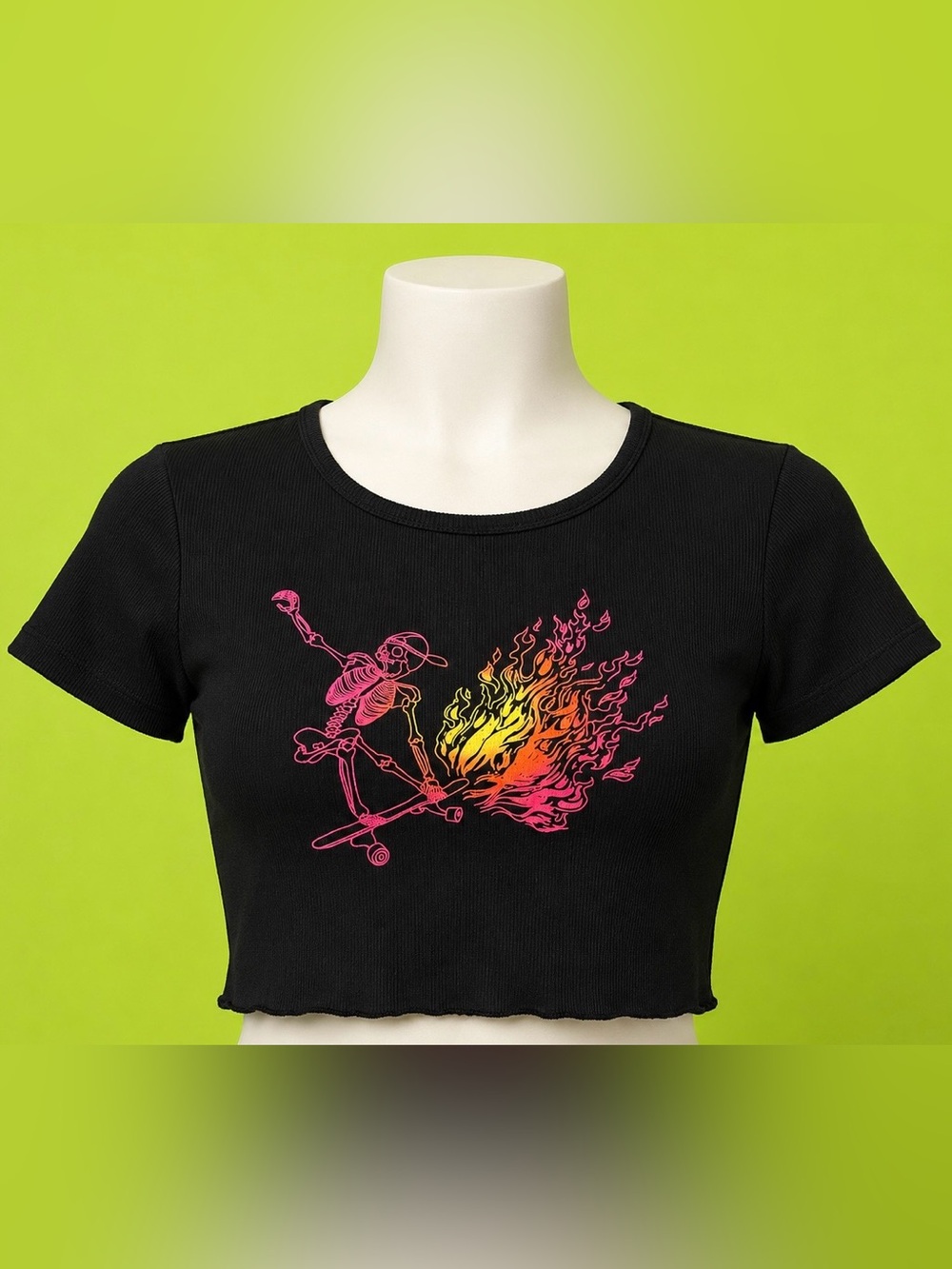OBSESSIVE LOVE, Ribbed Crop Top with Neon Scooter Flame Skate Graphic XL 🖤🔥🛹